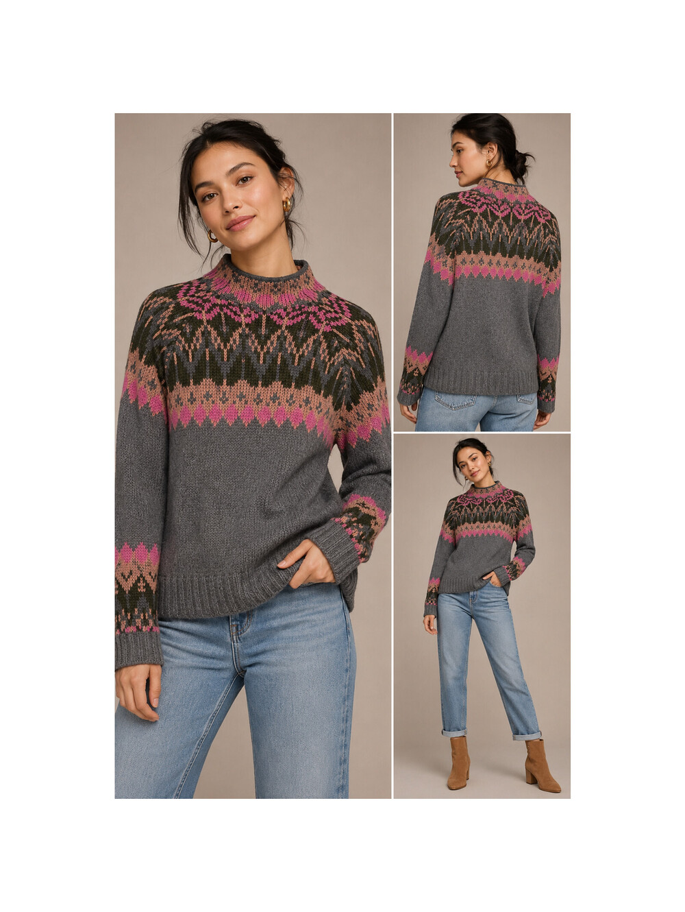 Anthropologie Womens Fair Isle Sweater XL Gray Pink Wool Blend Pullover NWT